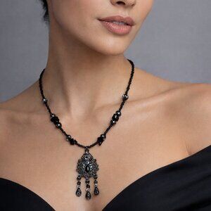 Victorian Style Black Marcasite Beads Necklace Beaded Elegant Filigree NWT